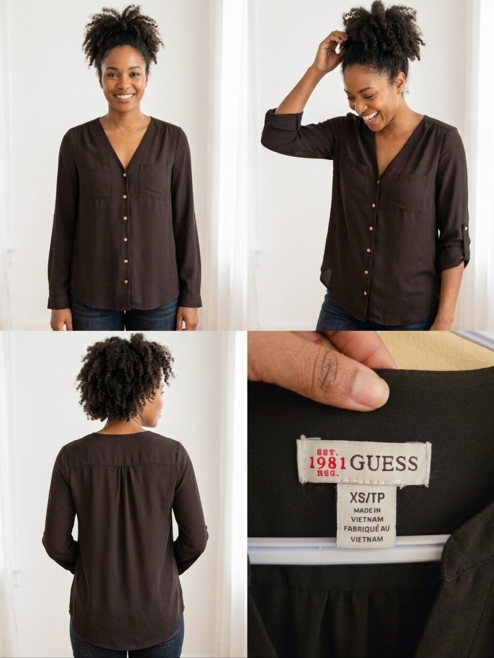 GUESS Black V-Neck Convertible Roll-Tab Sleeve Button Down Blouse (Size XS)
